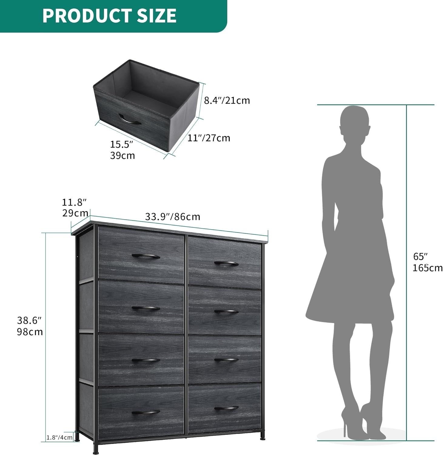 8-Drawer Fabric Dresser Chest | Charcoal Black Wood Grain | Bedroom Storage
