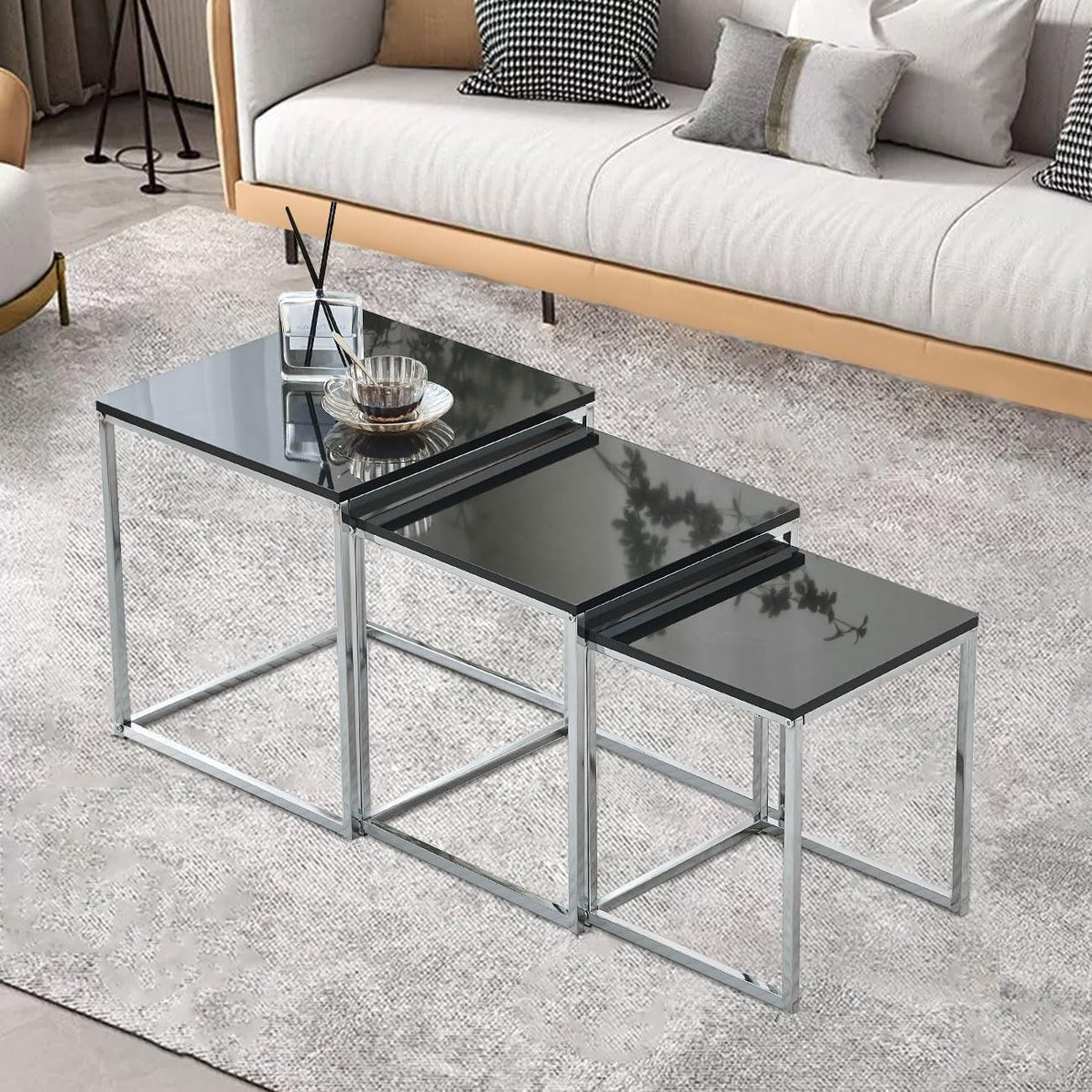 3 Black Nesting Coffee Tables Set Space Saving Living Room Side End Square