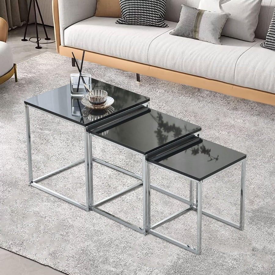 3 Black Nesting Coffee Tables Set Space Saving Living Room Side End Square