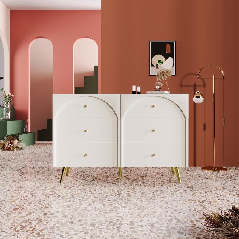 Cream White 6 Drawer Chest Modern Sideboard Cabinet Arched Front Storage