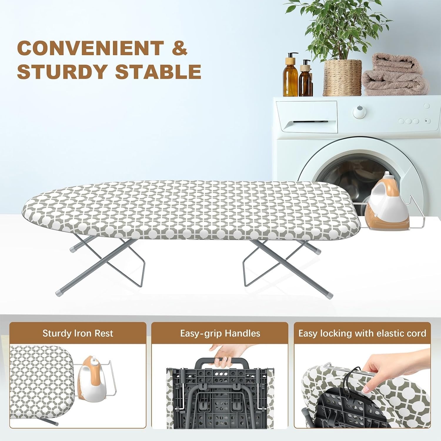 Space Saving Folding Ironing Board Tabletop Steam Station Grey Metal