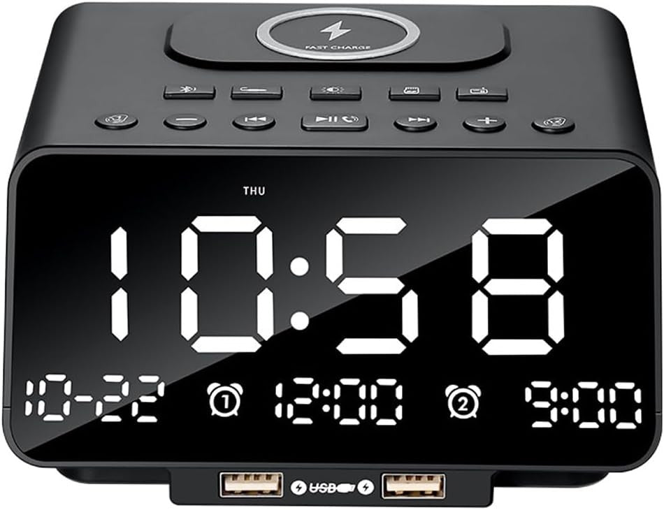 Bluetooth Alarm Clock Radio Wireless Charging LED Night Light USB Speaker