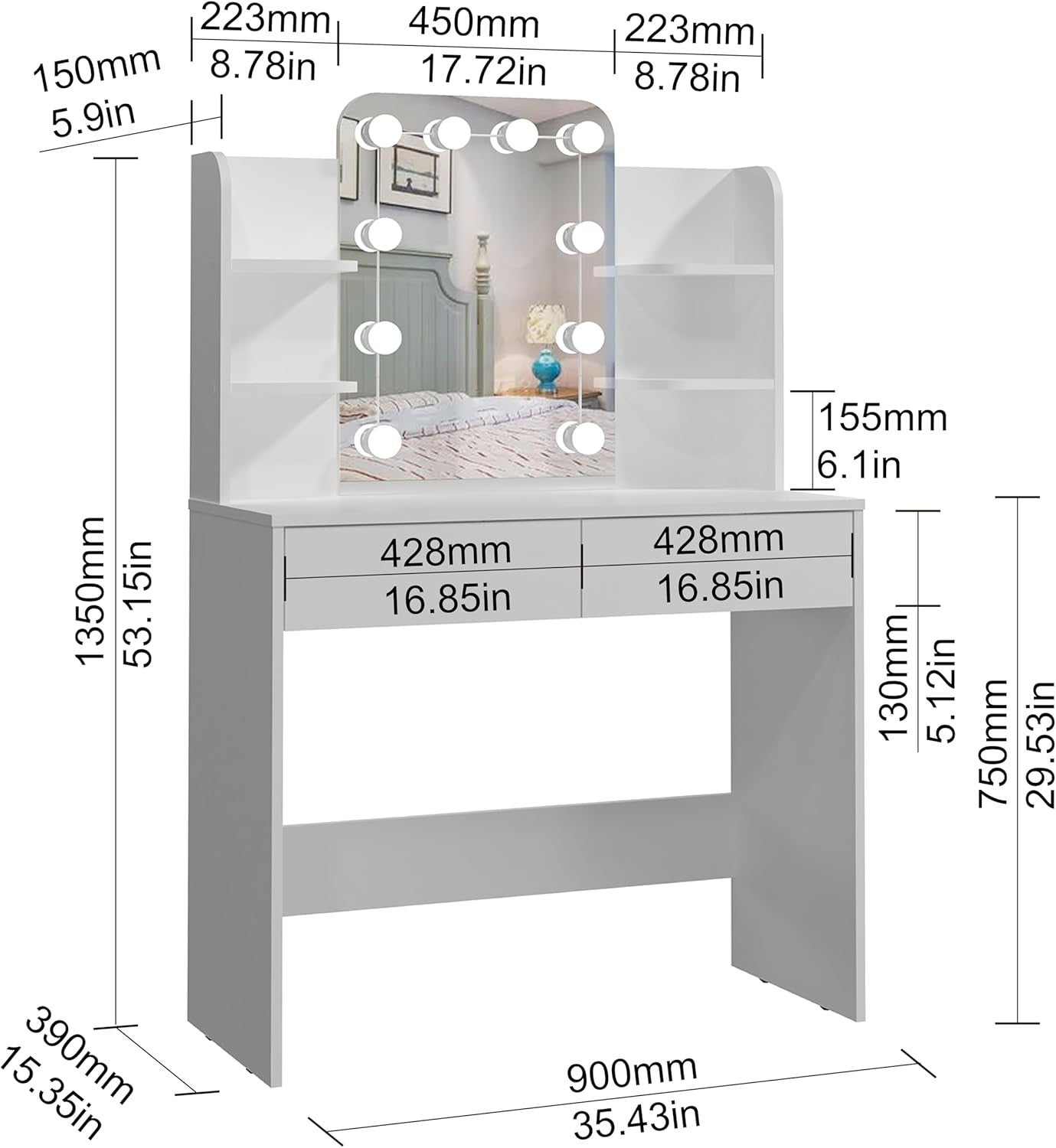 Hollywood LED Vanity Dressing Table Makeup Desk 2 Drawers Storage White Modern