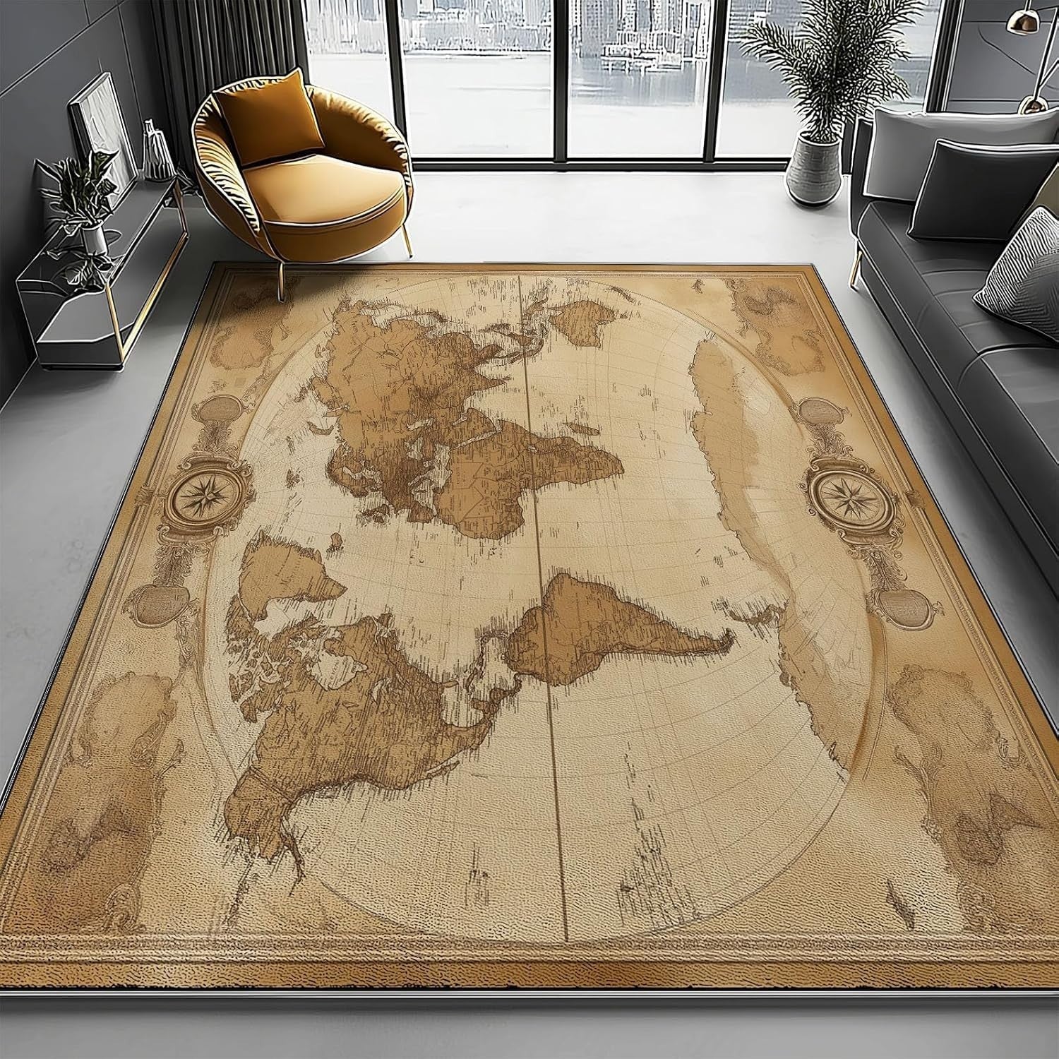 Vintage World Map Area Rug 140x200cm Non Slip Washable Living Room Carpet
