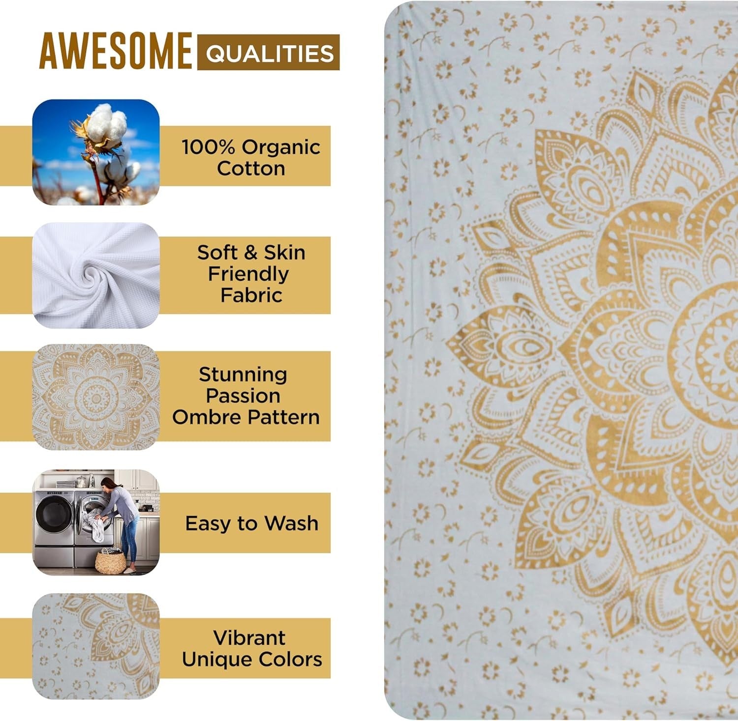 Metallic Gold Mandala Tapestry 52x60in Boho Wall Hanging Cotton