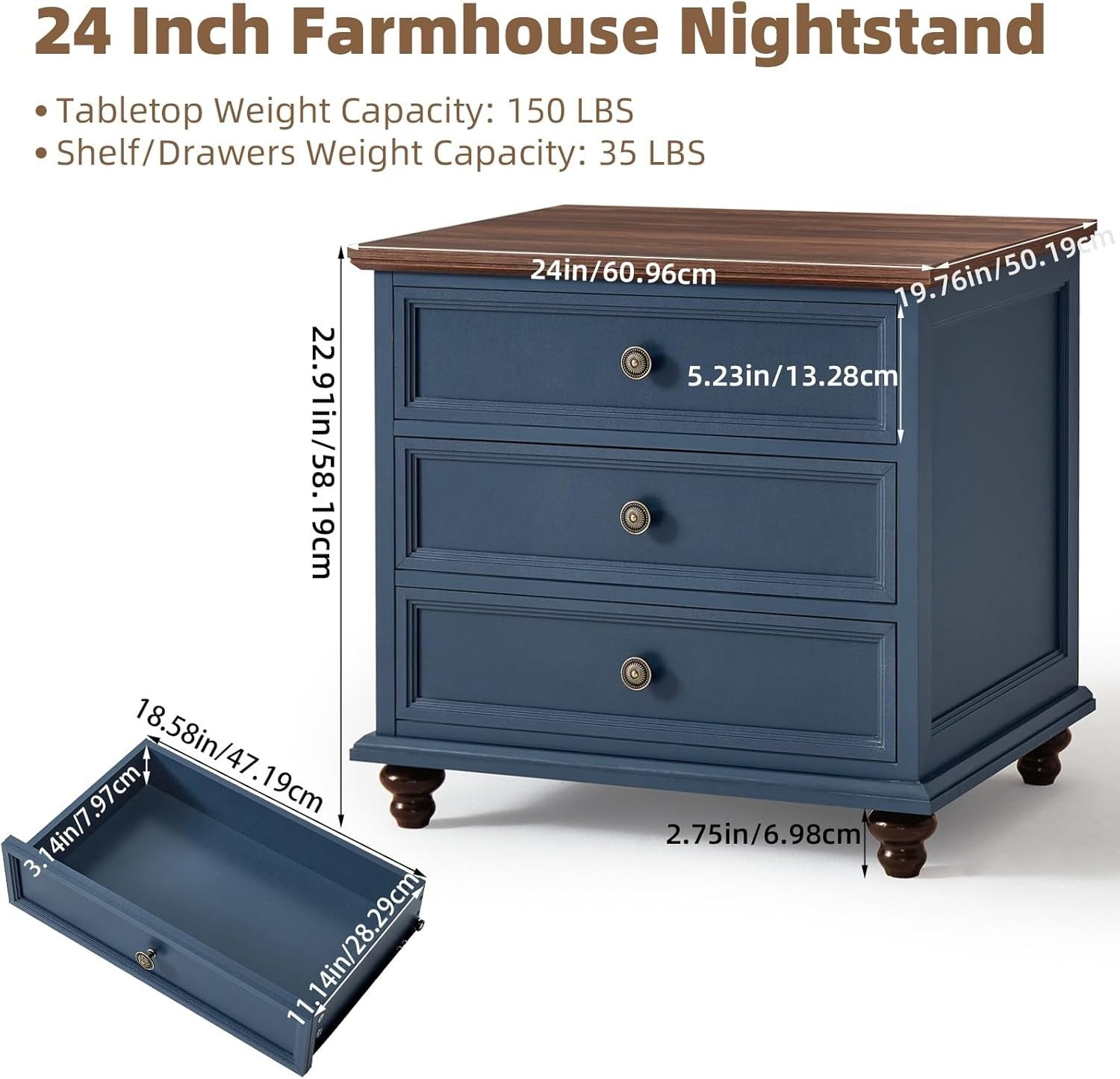 Dark Blue Wooden Bedside Table with Drawers – Rustic Farmhouse Nightstand