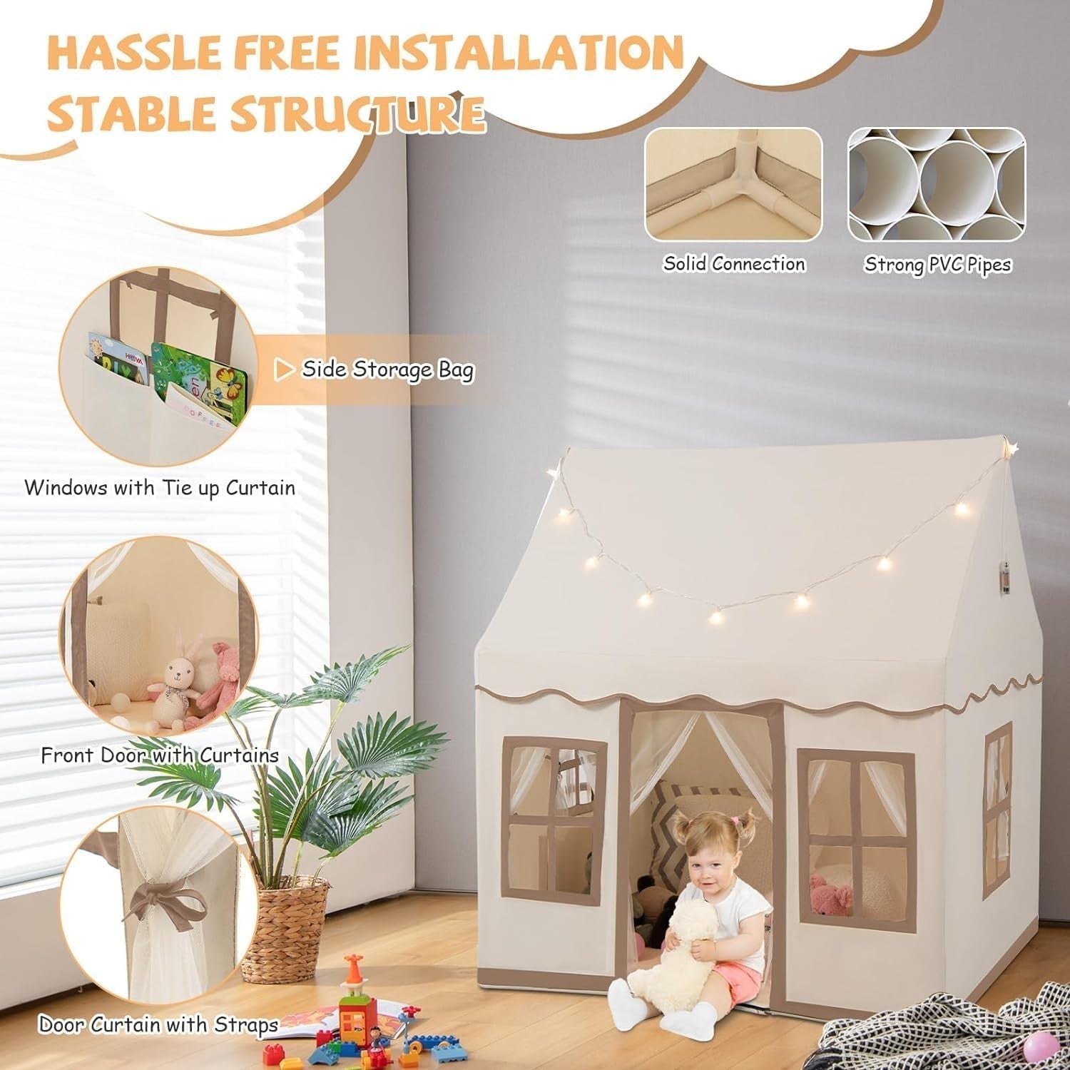 Beige Kids Castle Playhouse Tent Indoor Outdoor Anti Trip Mat Lights