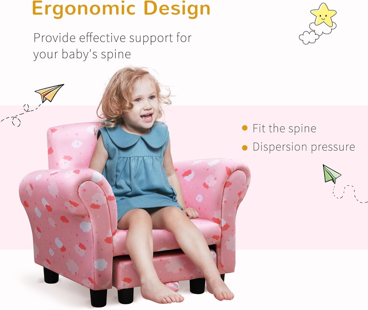 Toddler Armchair with Footrest Kids Sofa Chair Pink Cloud Star Design 18-36M