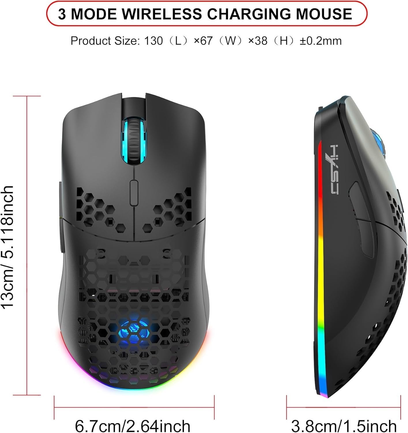 RGB Wireless Gaming Mouse 3600 DPI Lightweight Honeycomb Black