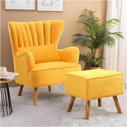 Yellow Linen Wingback Tub Chair with Footstool, Wooden Legs, Lounge Sofa