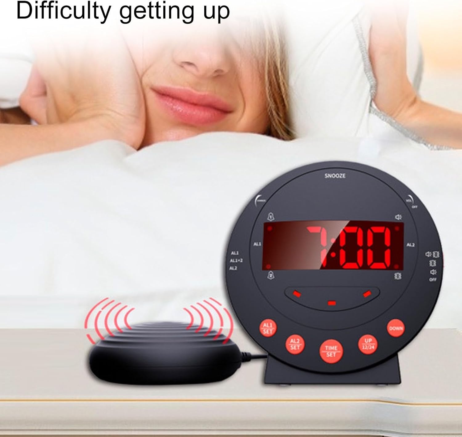 Extra Loud Alarm Clock Bed Shaker Vibrating Red LED Deaf Heavy Sleepers