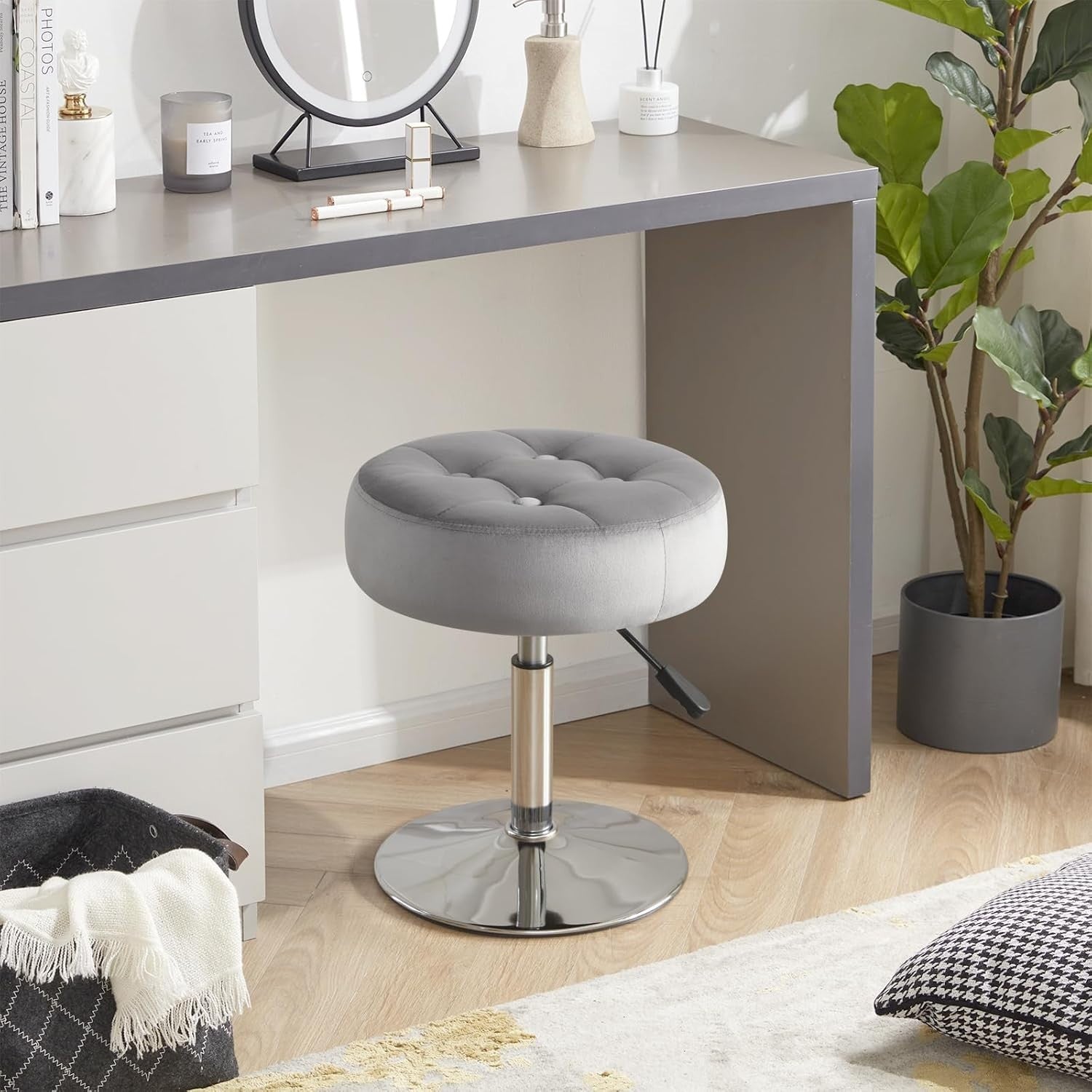 Grey Velvet Adjustable Vanity Chair – Round Swivel Makeup Stool Chrome Base