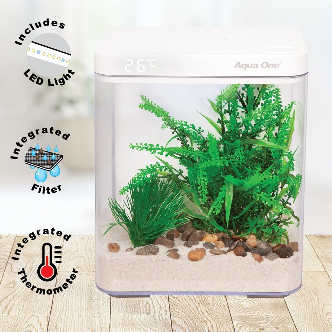 9.7L Acrylic Betta Tank with Built-In Filter, LED Light & Thermometer