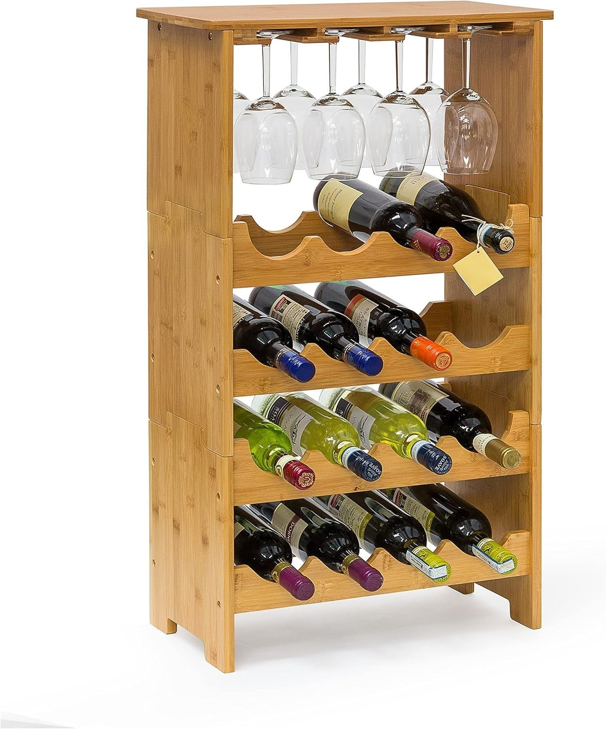 Bamboo Wine Rack with Glass Holder Shelf | Holds 16 Bottles & 12 Glasses