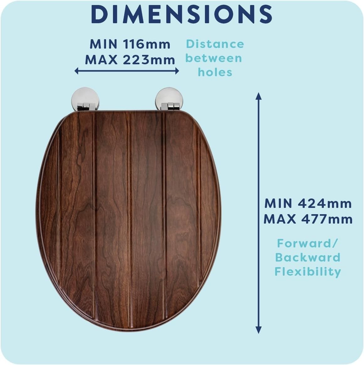 Walnut Effect Wooden Toilet Seat Adjustable Hinges Antibacterial Durable Oval