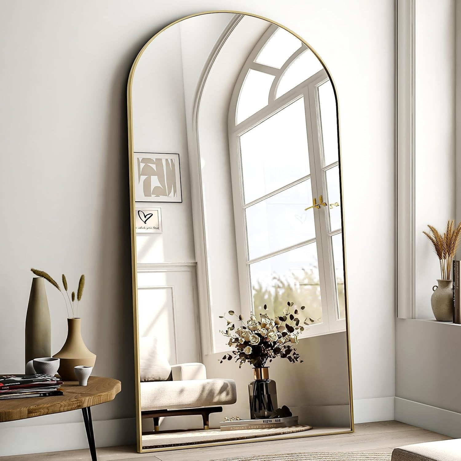 Oversized Full Length Mirror 218x102cm Arch Wall Standing Gold FrameOversized