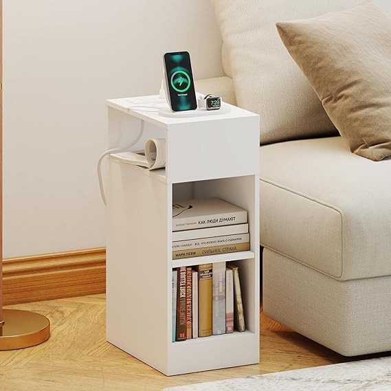 Slim White Bedside Table with Charging Ports & 3 Shelves, Modern Narrow