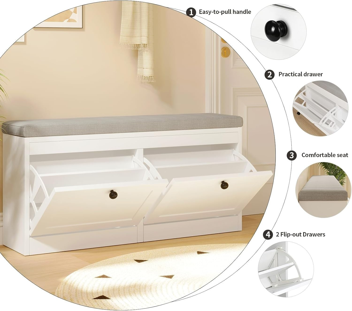 White Flip Drawer Shoe Storage Bench with Padded Seat & Adjustable Shelves