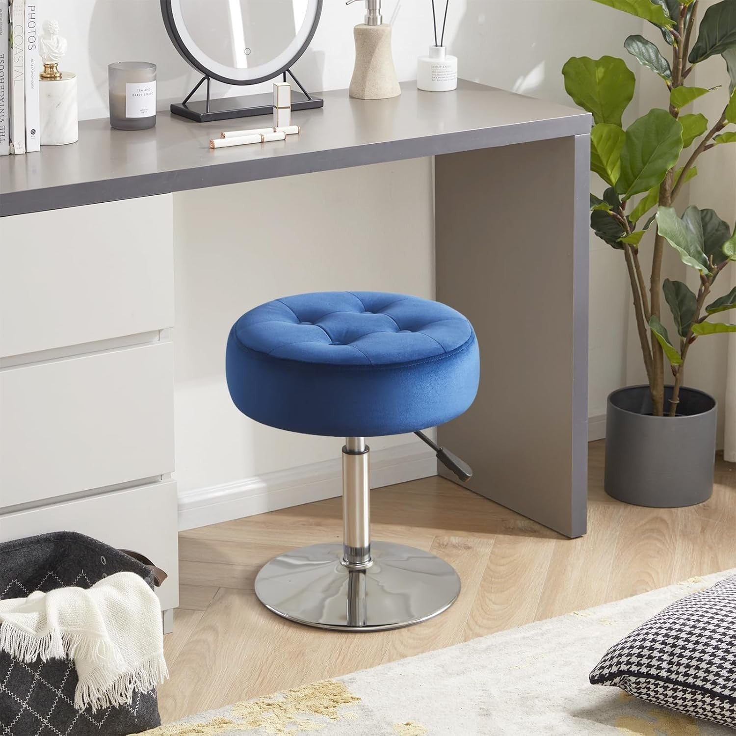 Blue Velvet Adjustable Vanity Chair – Round Swivel Makeup Stool with Chrome Base