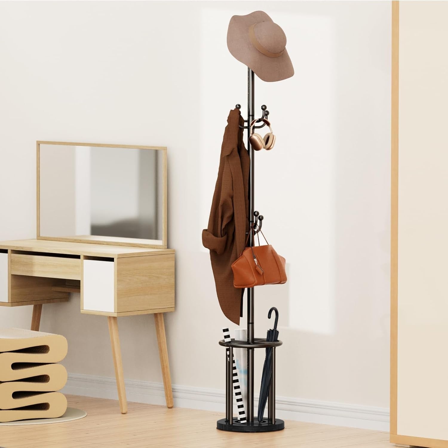 Black Metal Coat Rack Stand | 12 Hook Freestanding Hall Tree with Umbrella Base