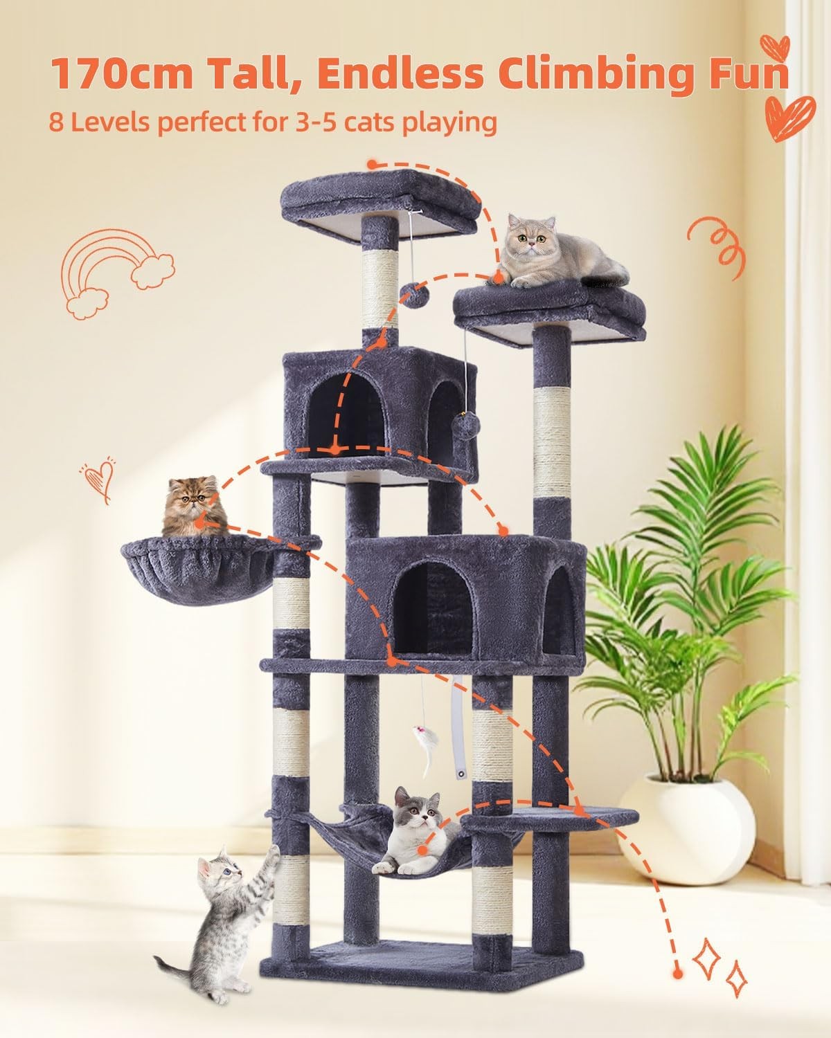 Large Cat Tree Tower 170cm Multi Level Scratching Posts Condos Hammock