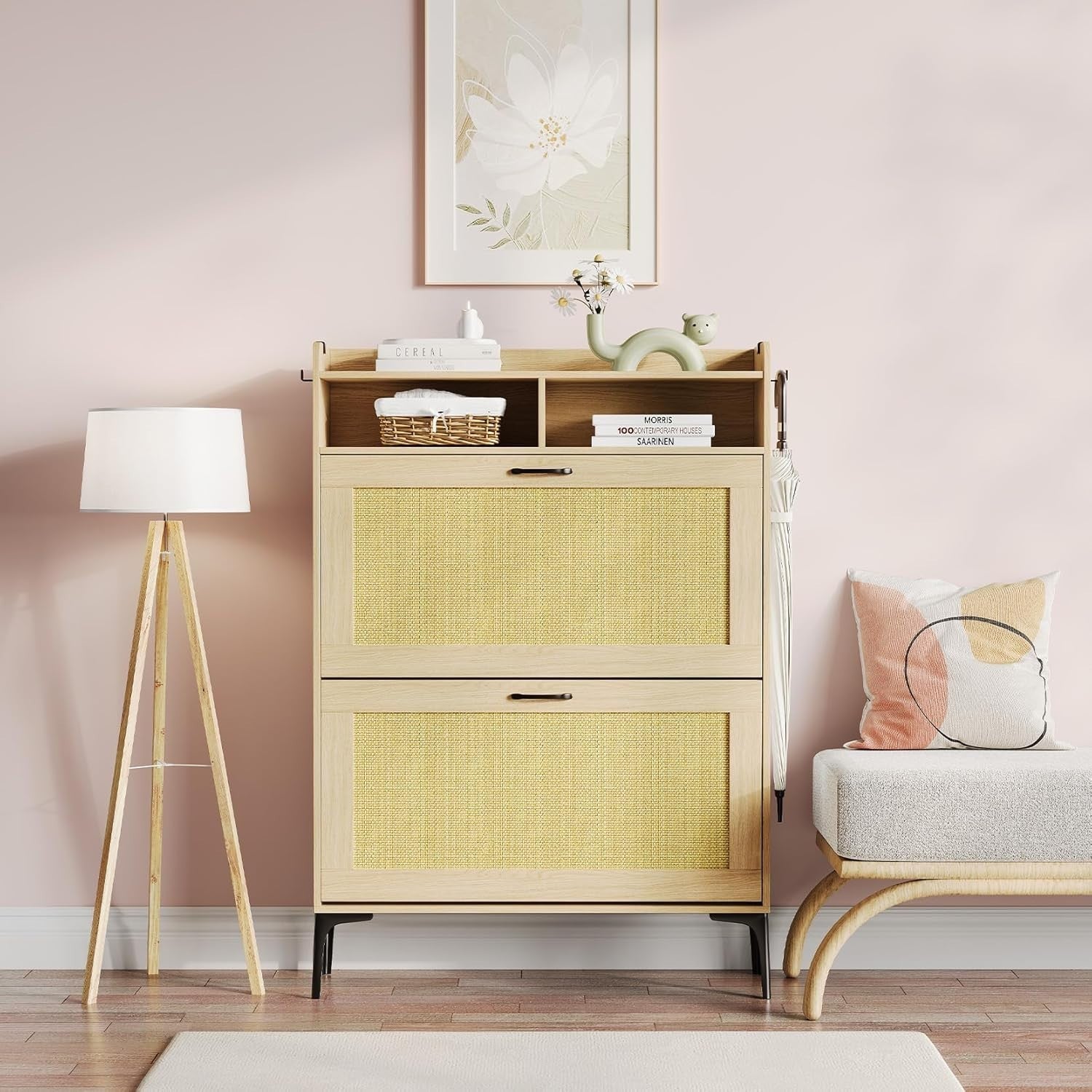Rattan Oak Shoe Cabinet | Slim 2 Drawer Storage Unit with Open Shelves 80x24x114
