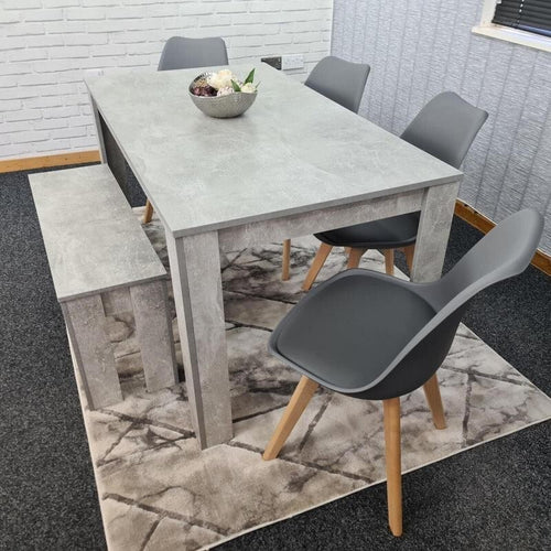 Stone Grey Dining Table Set with 4 Grey Chairs & Bench, 6 Seater Kitchen