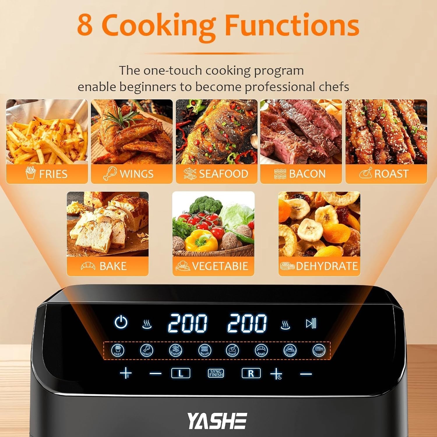 9L Dual Air Fryer 2x4.5L Sync Finish 8 Presets Touch 720° Air Oil Free