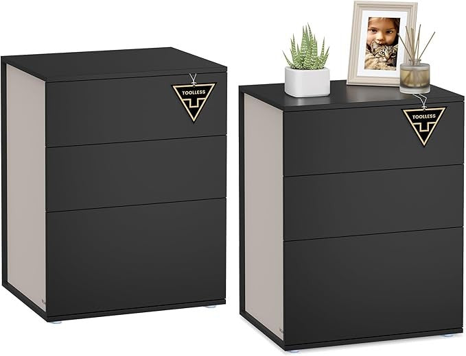 Set of 2 Modern Bedside Tables with 3 Drawers, Black Minimalist Storage Units