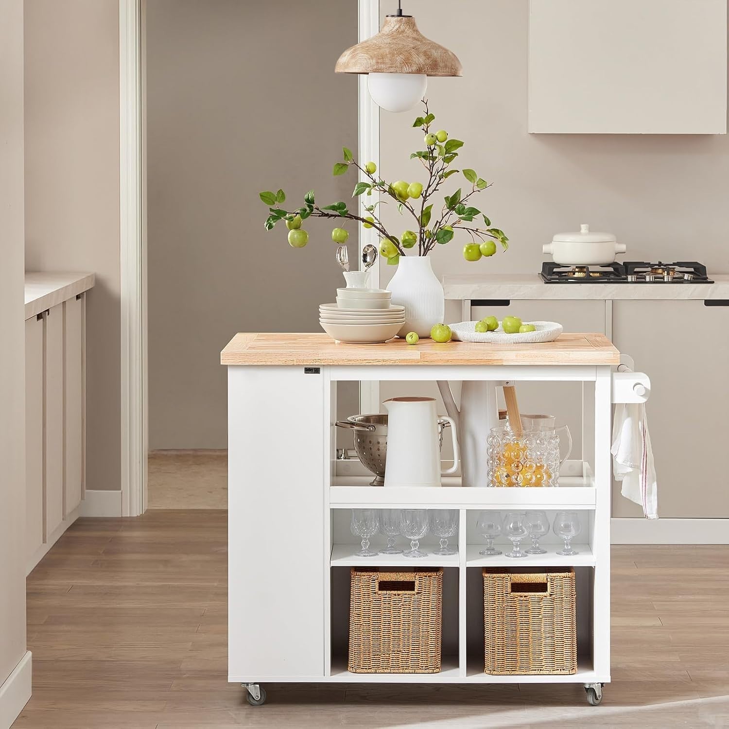 Kitchen Island Trolley with Rubberwood Top & Storage | 108x60x90cm Cart