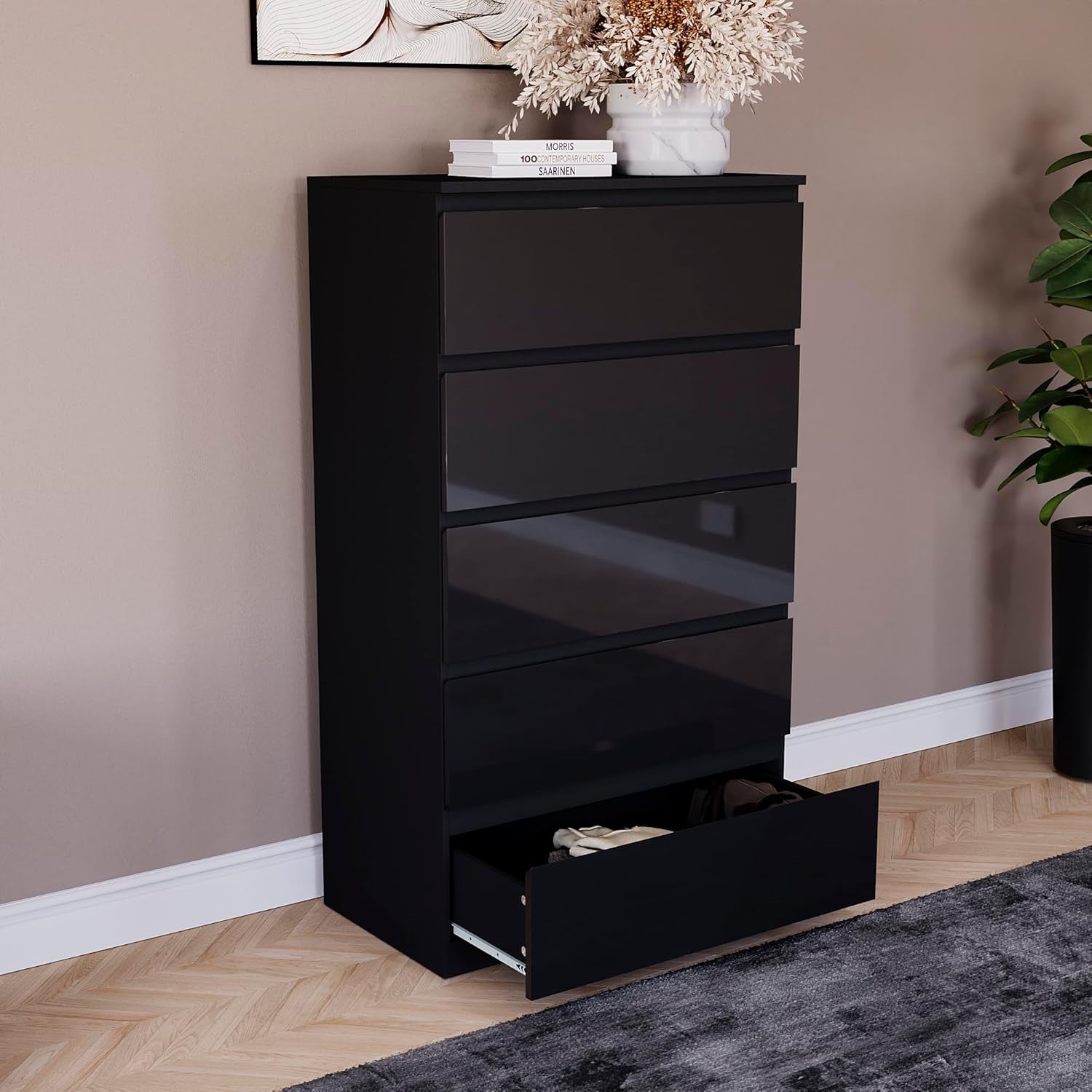 Black High Gloss 5 Drawer Chest Modern Storage Cabinet Bedroom Organizer