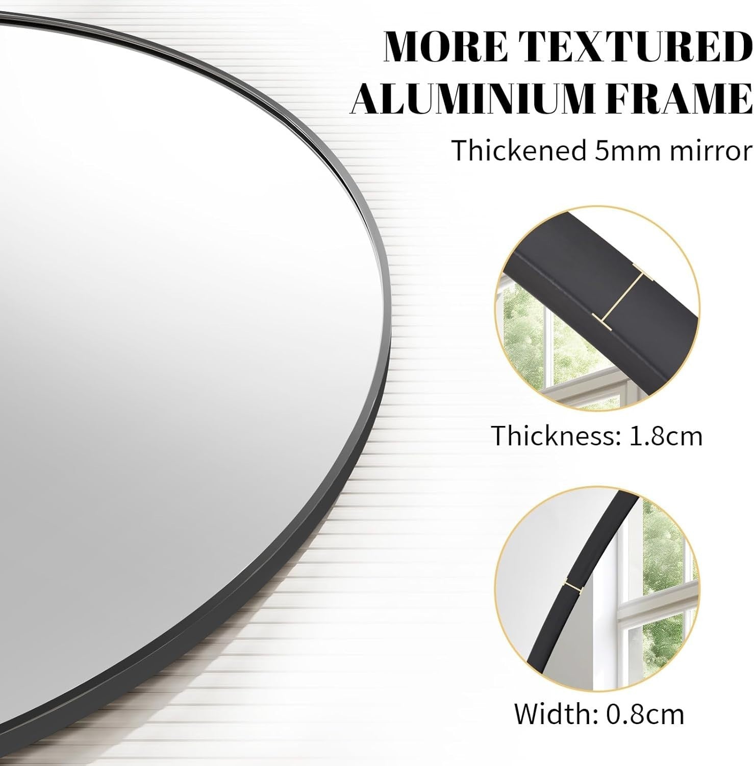 Black Round Wall Mirror 76cm with Aluminum Frame & Easy Wall Mount