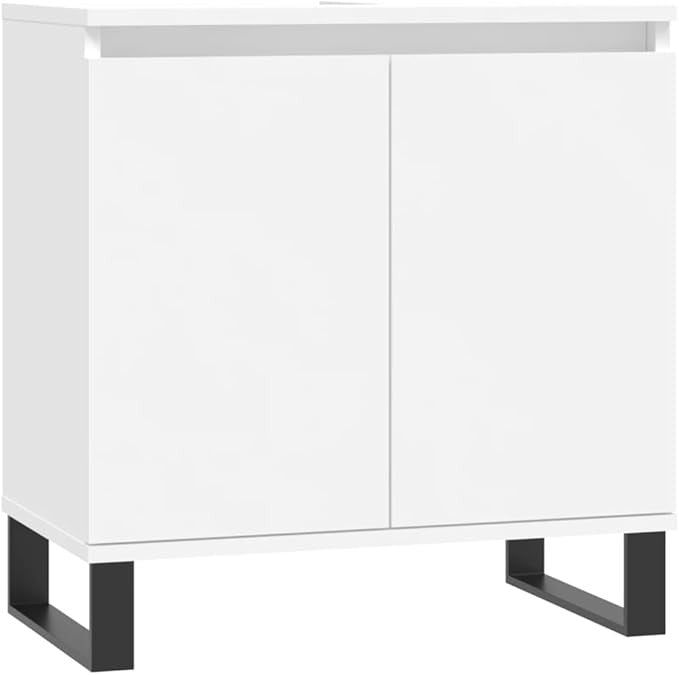 White Under Sink Bathroom Cabinet 58cm Modern Vanity Unit with Doors & Metal Leg
