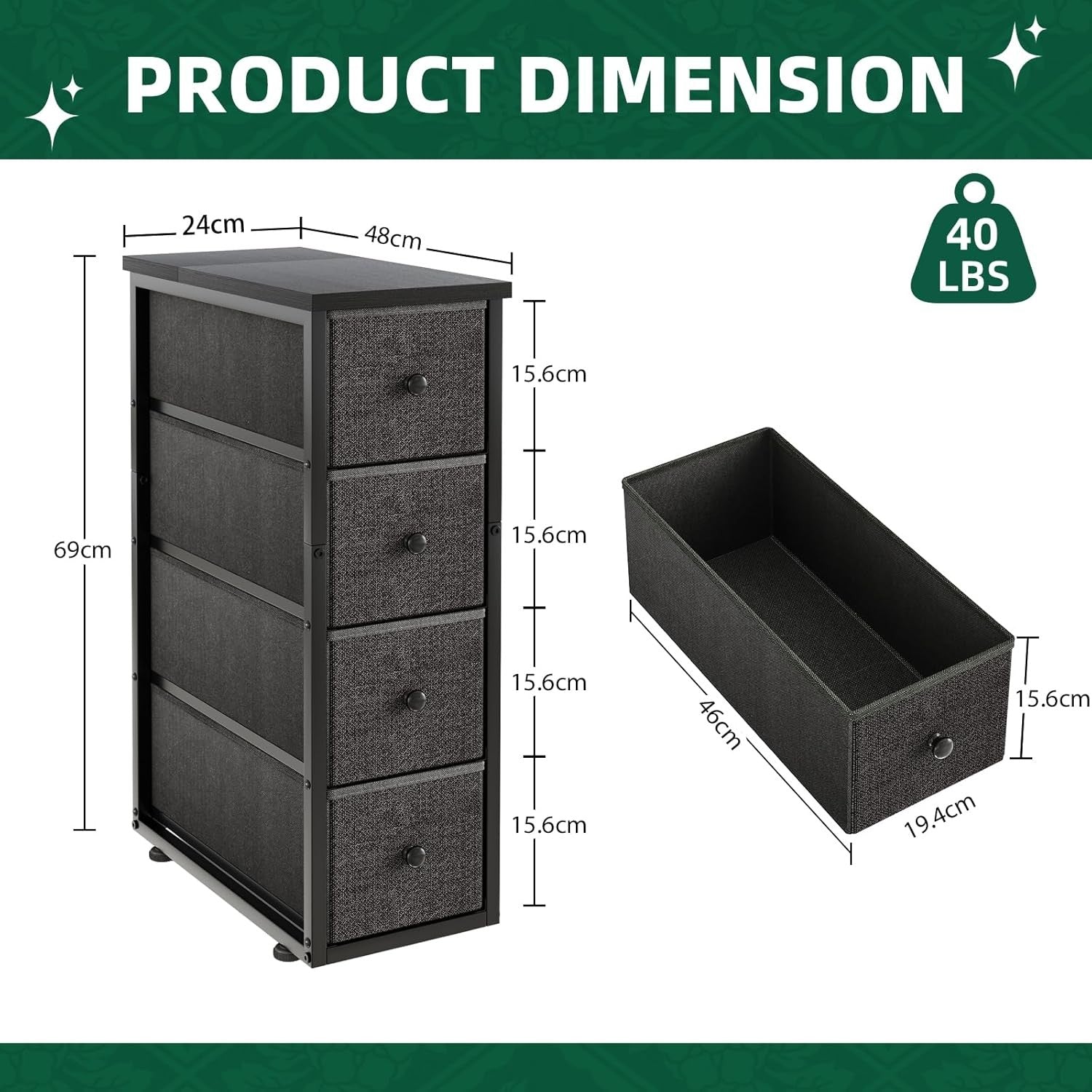 Slim Tall 5 Drawer Storage Cabinet Bedroom Narrow Unit with Wood Top Black