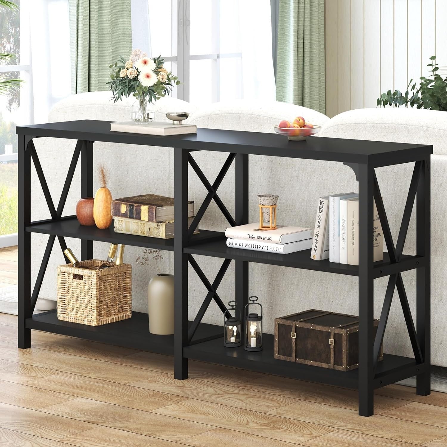 Black Oak Console Table 55” 3-Tier Shelf Metal Frame Entryway Storage