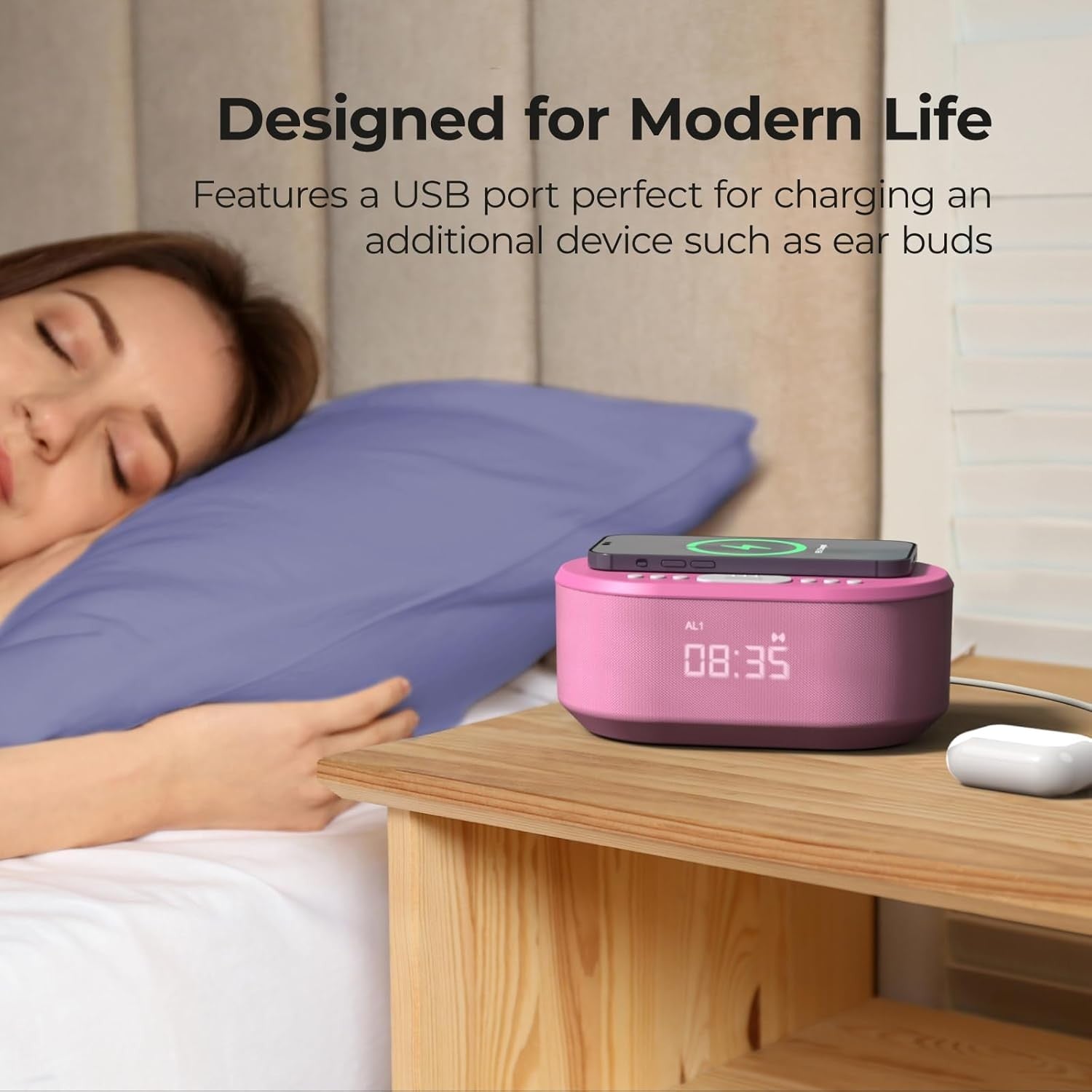 Bedside Alarm Clock Wireless Charger Bluetooth Speaker FM Radio Non-Ticking