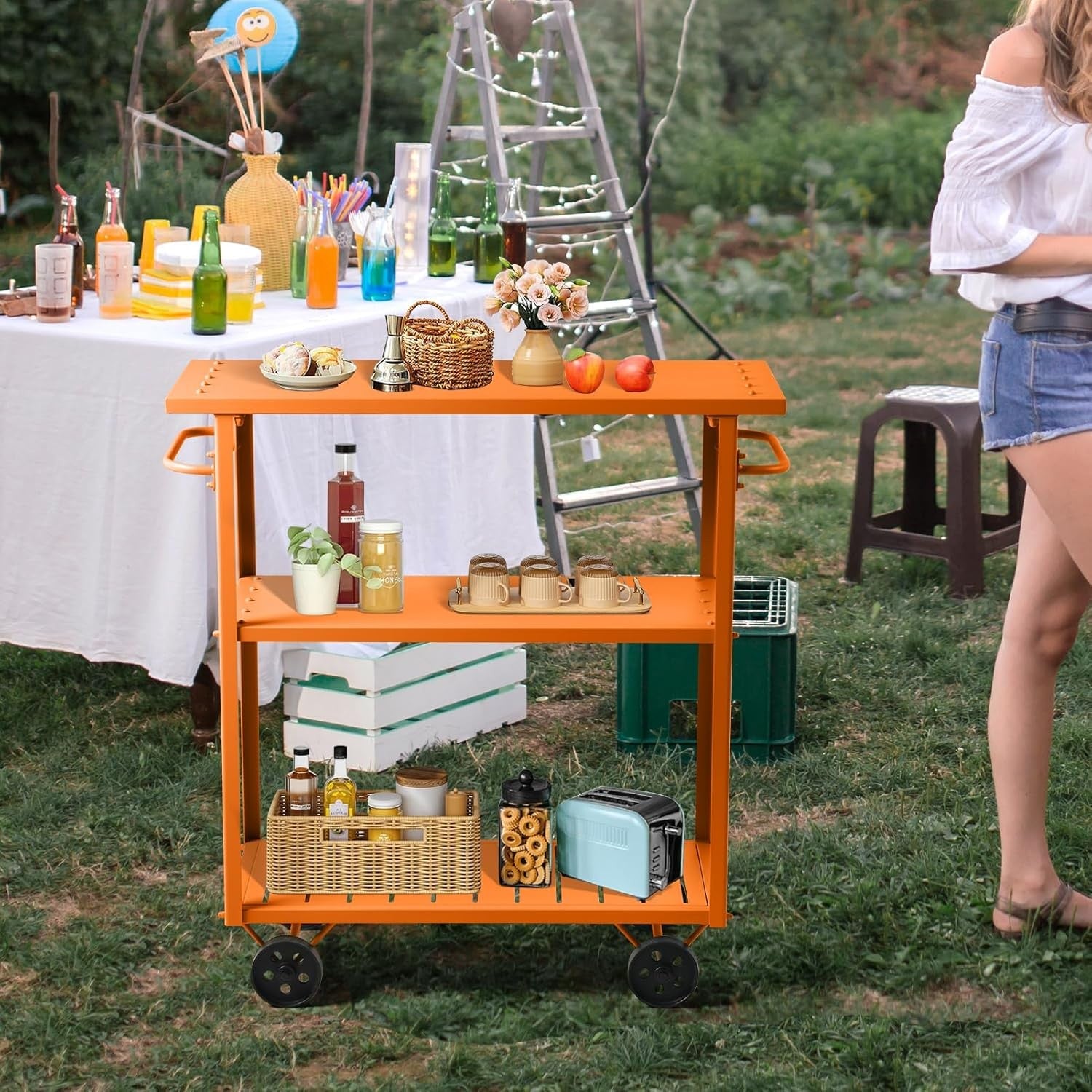 Industrial Bar Cart on Wheels 3 Tier Metal Serving Trolley with Handle