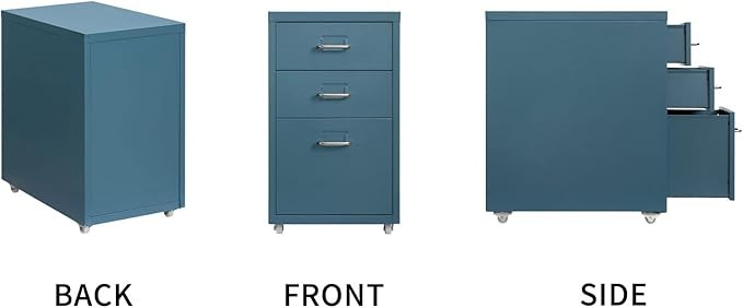 3 Drawer Metal File Cabinet with Wheels, Under Desk Lockable Office Storage Unit
