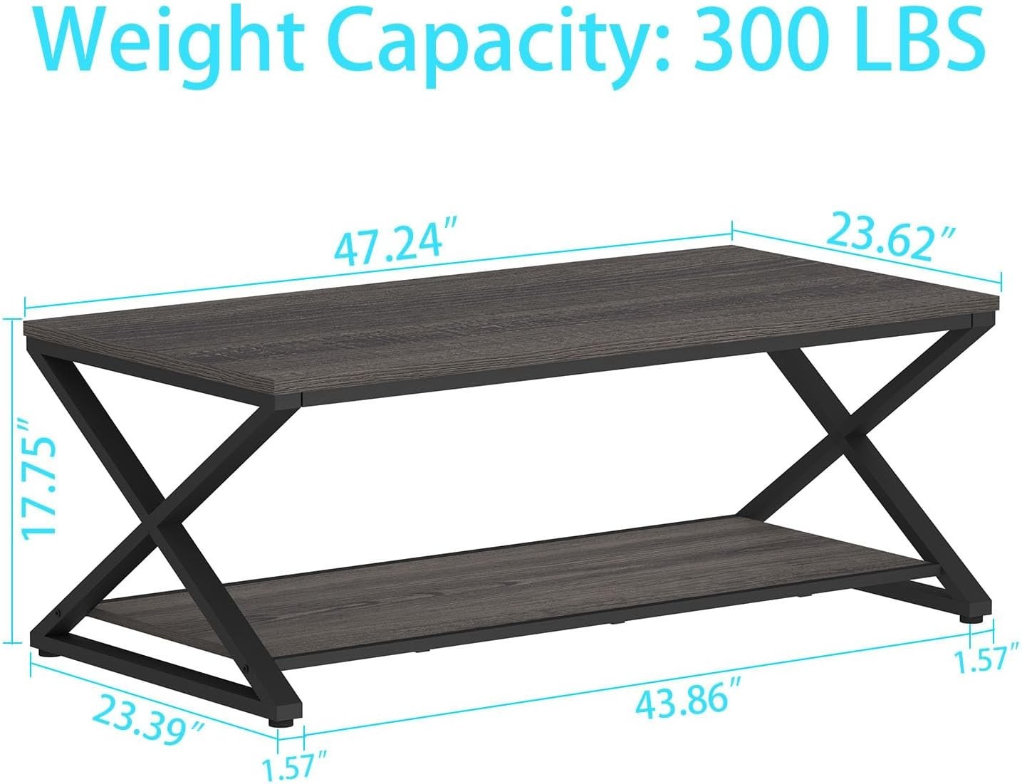 Industrial Grey Coffee Table with Storage Shelf – Modern 47" Metal Wood Design