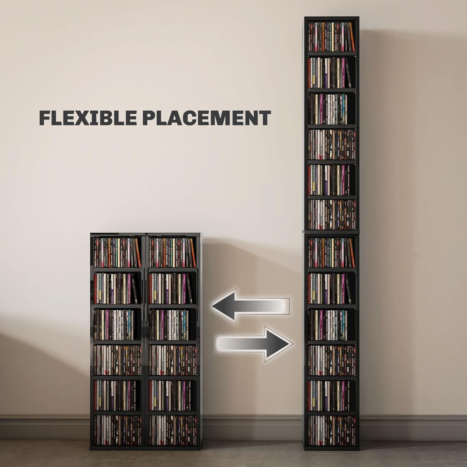 Set of 2 High Gloss Black Media Storage Towers – Adjustable CD DVD Blu-Ray Racks