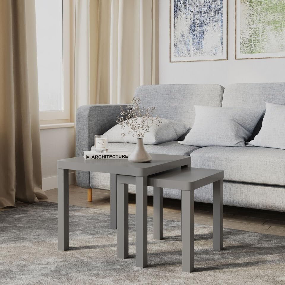 Space Saving Grey Nesting Side Coffee Tables Set 2 Square Wood End Table