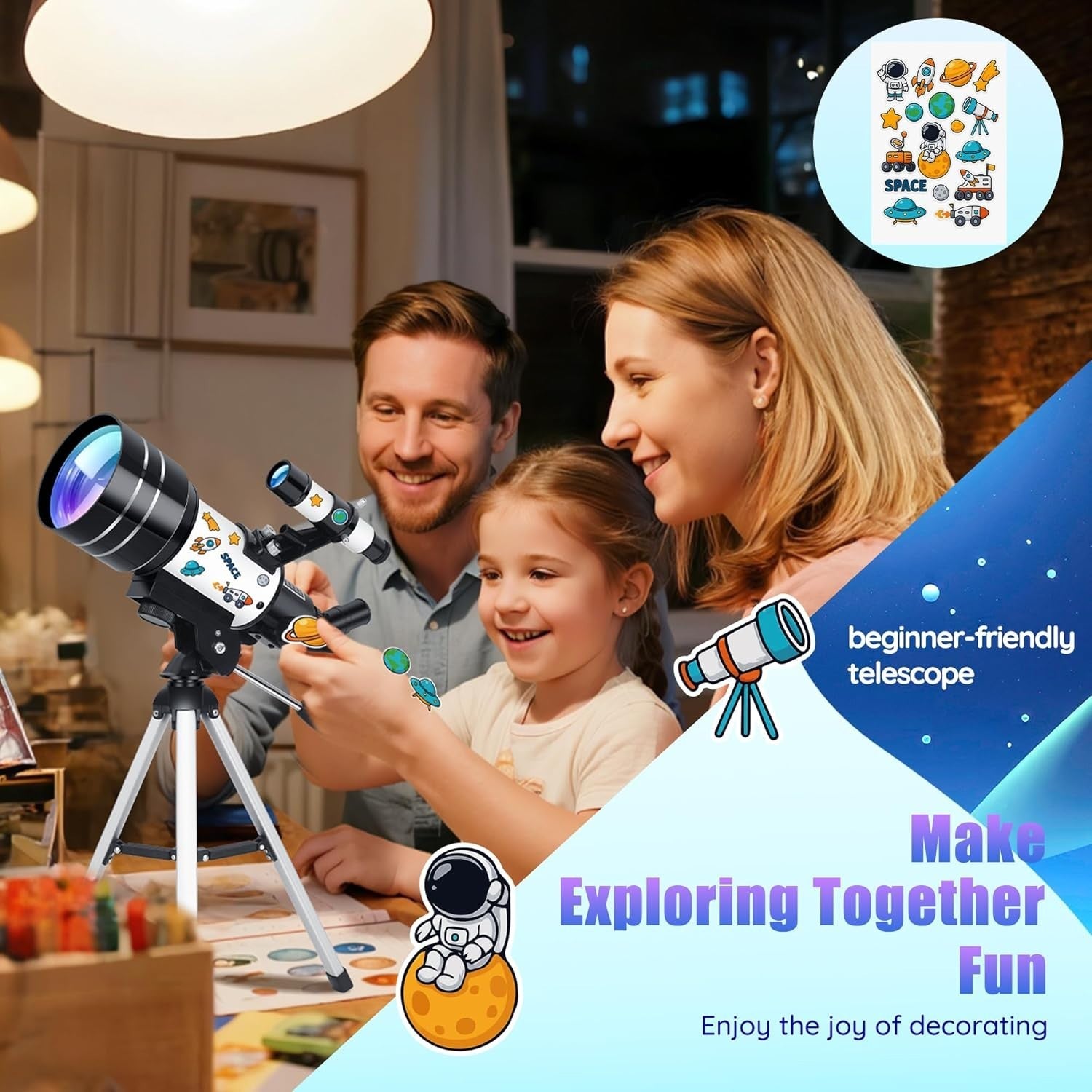 70mm Refractor Telescope 15X–150X for Kids & Adults - White