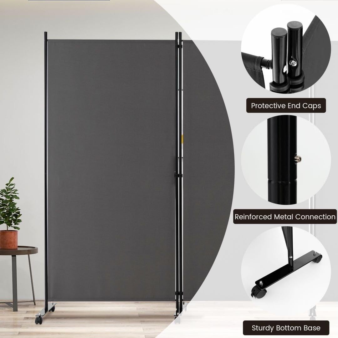 3 Panel Grey Folding Room Divider Privacy Screen on Wheels for Home Office