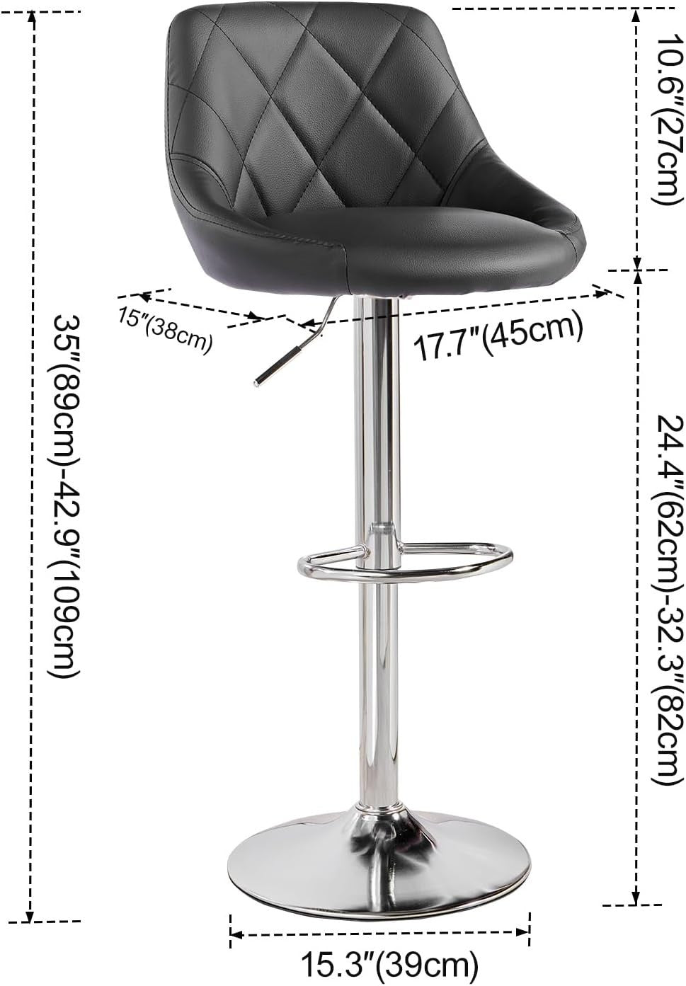 Set of 2 Adjustable Swivel Bar Stools – Black Rectangular