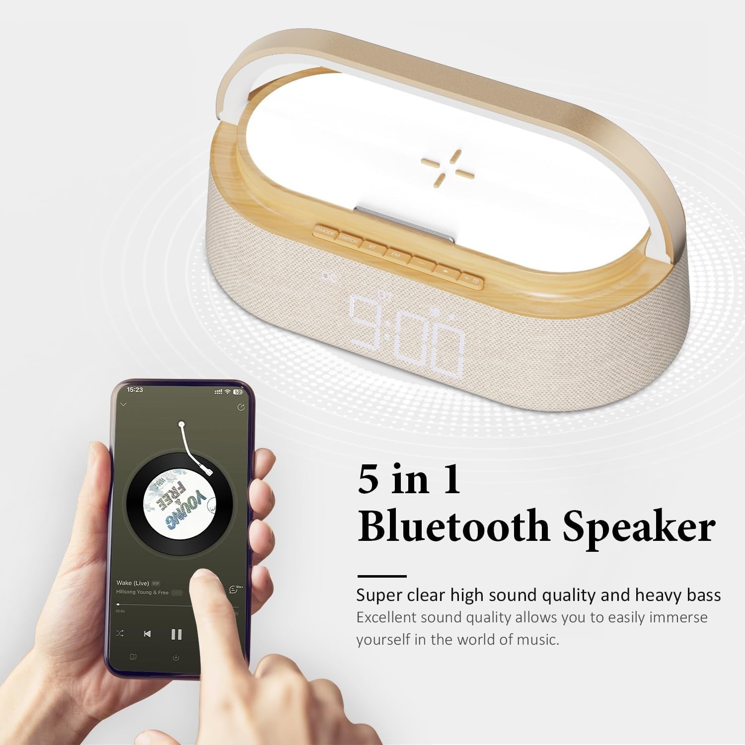 Yellow Bluetooth Speaker Alarm Clock Wireless Charger LED Night Light Radio