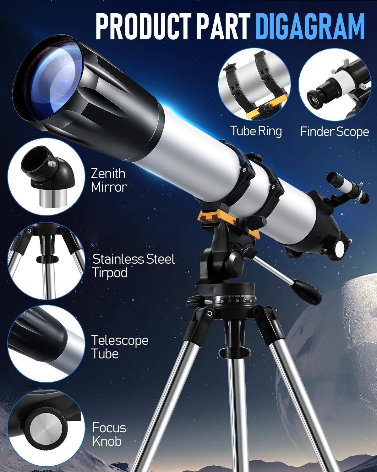 90mm Aperture 900mm Refractor Telescope for Kids & Adults with Tripod