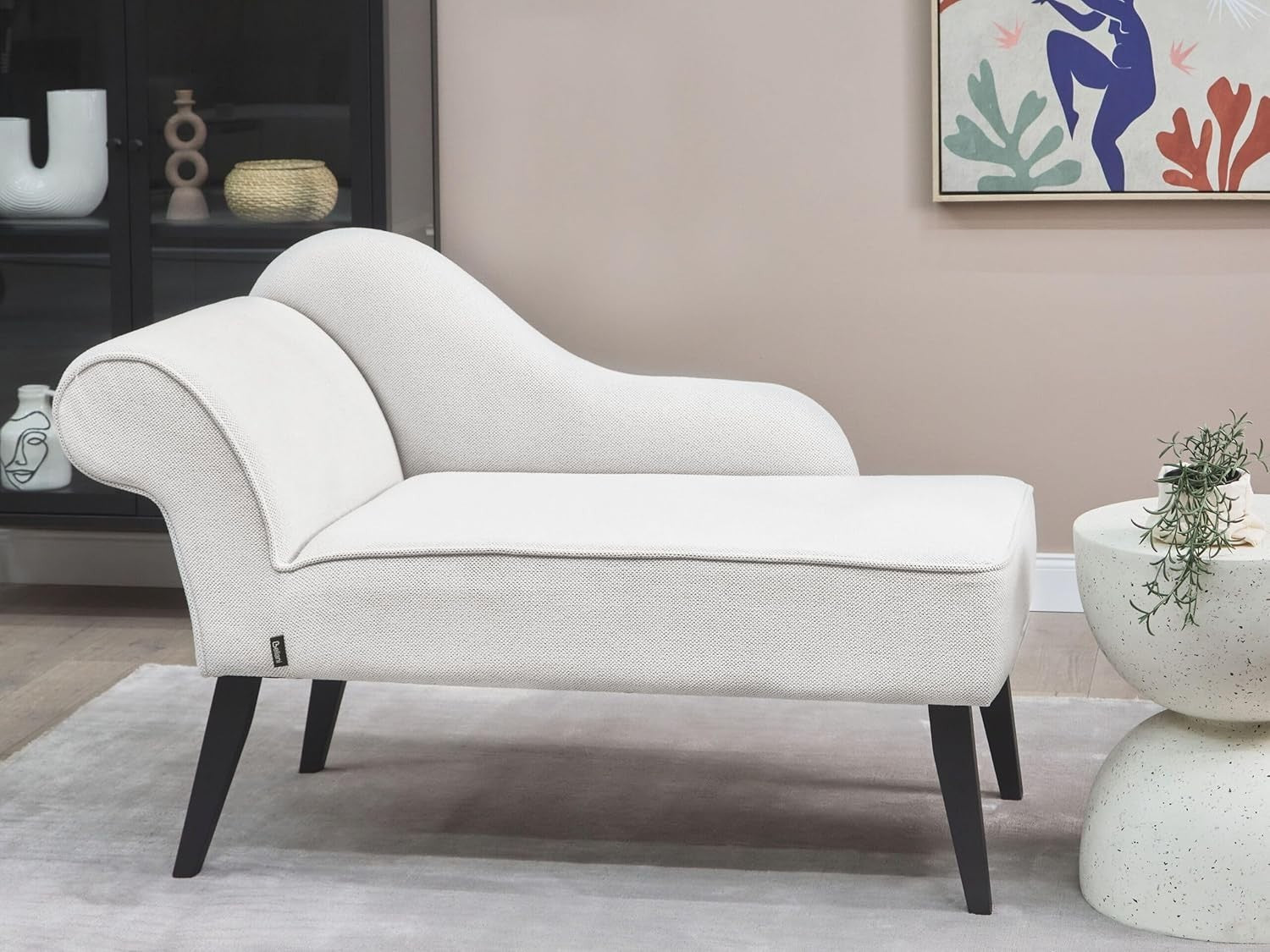 White Fabric Vintage Chaise Lounge Left-Hand Sofa Black Legs Compact 1-Seater