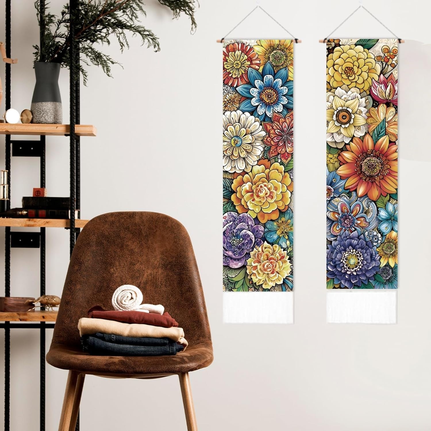 Luxury Boho Floral Wall Tapestry Set With Tassels 52x13 Inch