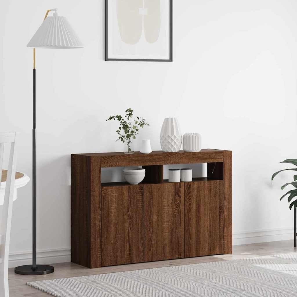 Modern LED Sideboard Cabinet Brown Oak 116cm Storage Unit for Living Room