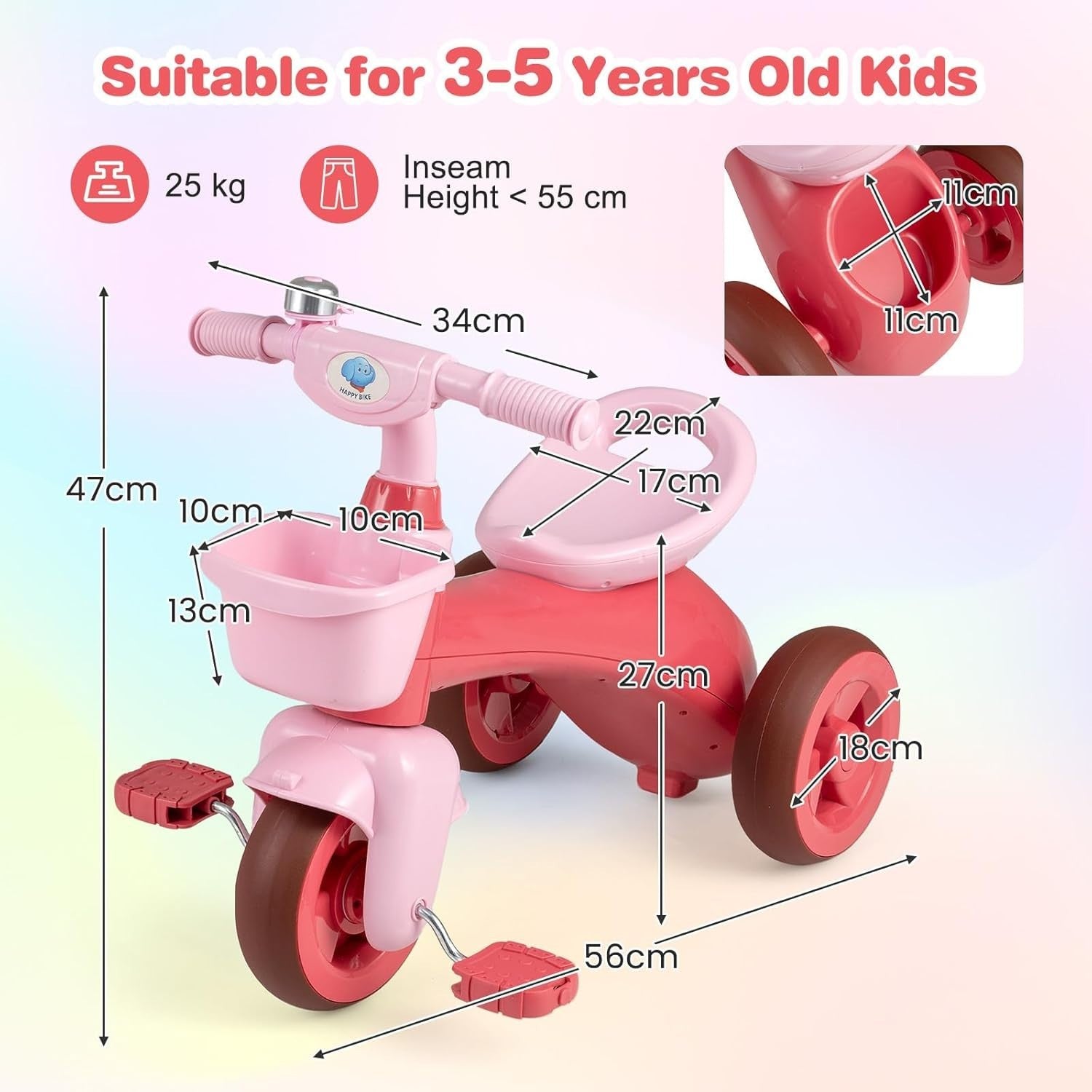 Kids Tricycle 3 Wheel Toddler Trike Front Rear Basket Bike Age 3-5